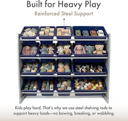 Humble Crew Supersized Toy Storage Organizer with 16 Removable Bins, Grey/Navy – Large Toy Storage for Toddlers Ideal for Kids' Rooms, Playrooms, and Nurseries - Modern Toy Bins for Kids