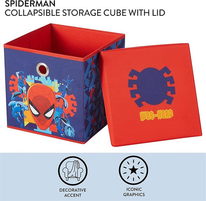 Idea Nuova Marvel Spiderman Collapsible Fabric Storage Cube,10” Organizer Bin with Lid for Bedroom, Playroom, and Closet