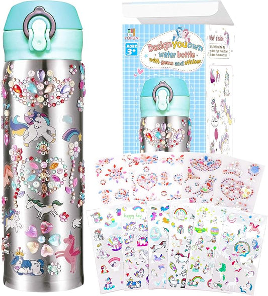 Y YOFUN Create Your Water Bottle with Tons of Rhinestone Gem Stickers - Craft Kit & DIY Art Set for Children, Gift for Girls - 17 OZ BPA Free Stainless Steel Vacuum Insulated Mug (Gemstone & Unicorn)