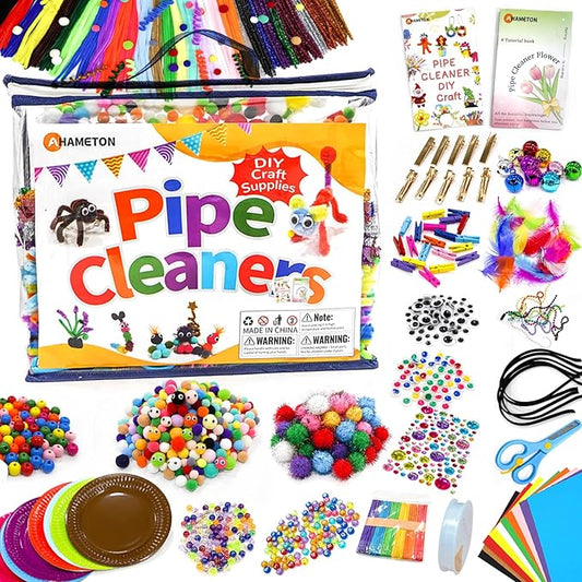Kids DIY Arts & Crafts Rich Materials 1300+ Pcs Including Feathers, Pipe Cleaner,Wiggle Eyes, Pompoms, Colours Paper,Bells, Sticks,Beads for Chenille Stems and More Crafting Items Supplies