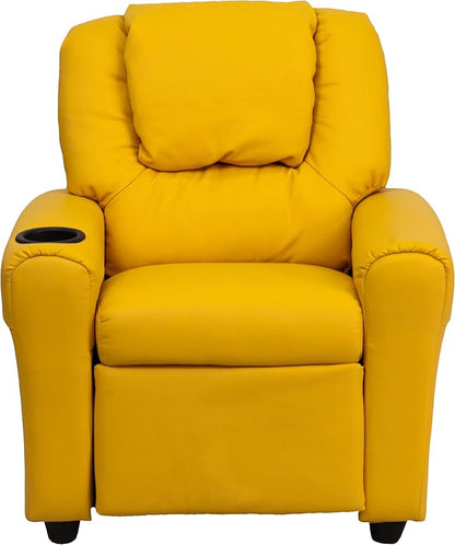 Flash Furniture Vana Vinyl Kids Recliner with Cup Holder, Headrest, and Safety Recline, Contemporary Reclining Chair for Kids, Supports up to 90 lbs., Yellow