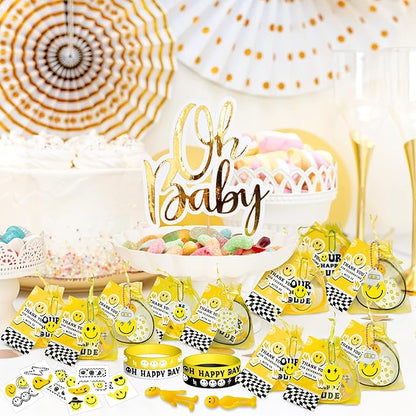 72PCS One Happy Dude Birthday Party Favor for Kids Smile Face Theme Gifts Set Include Bracelet Tatto Thank You Card with Keychain and Organza Smile Party Classroom School Supplies