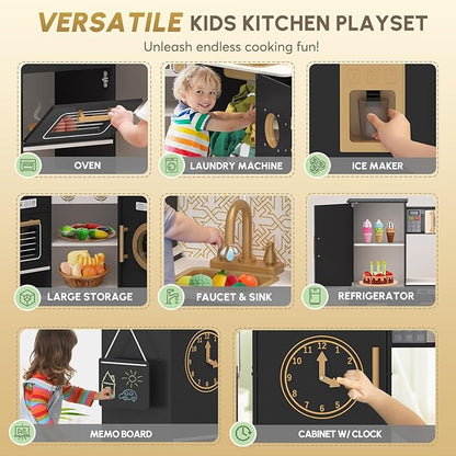 BIERUM Coner Wooden Play Kitchen with Real Lights & Sounds, Trendy Home Style Kitchen Playset, Toy Kitchen with 28 Pcs Toy Food & Cookware Accessories, Gift for Boys & Girls Ages 3+