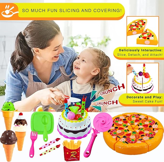 FUNERICA Play Food Goodies Set - Features Cutting Pizza, Ice Cream, Toy Birthday Cake, Fries, Dessert – Pretend Kitchen Toys for Toddlers, Boys, Girls