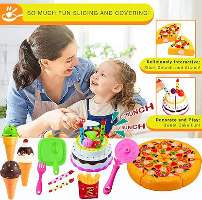 FUNERICA Play Food Goodies Set - Features Cutting Pizza, Ice Cream, Toy Birthday Cake, Fries, Dessert – Pretend Kitchen Toys for Toddlers, Boys, Girls