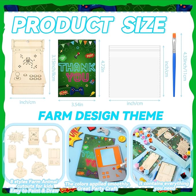 Saypacck 24 Pcs Video Game Party Favors Wooden Craft Kits Video Game Painting Craft Wooden Gaming Party Favor with Organza Bag for Birthday Goodie Bags Fillers Gifts