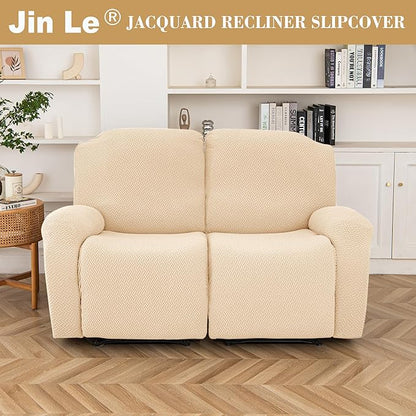 Jin Le 6 Pieces Recliner Cover Stretch Recliner Chair Cover - Reliner, Champagne 2 Seater Recliner Couch Covers Sofa Covers Jacquard Soft Furniture Protector with Elastic Bottom and Ties for Kids/Pets