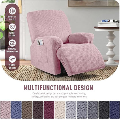 KinCam Recliner Covers, Stretch Reclining Chair Covers, Recliner Sofa Slipcovers Stripe Jacquard Recliner Couch Covers Furniture Protector Covers for Pet Kid (1 Seater, Pink)