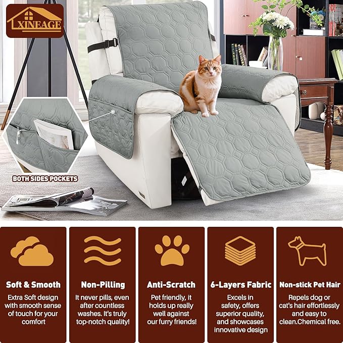XINEAGE 100% Waterproof Recliner Chair Cover, Non Slip Covers for Recliner Chair with Pocket, Washable Dog Recliner Couch Cover with Elastic Straps (Light Gray, 23.6")