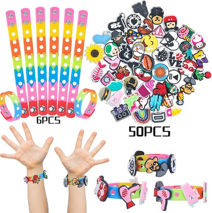 74PCS Shoe Charms Theme Party Favors, Shoe Keychain Charms Bracelets for Kids Silicone Wristbands