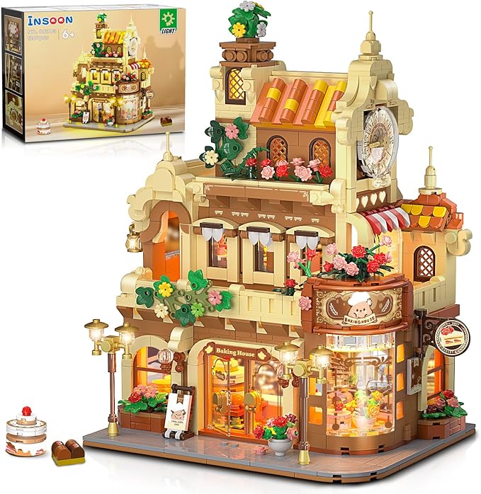 City Bakery Cafe House Building Set with Light, 1289 PCS Baking Shop Building Block Toy with Coffee Cake Bread Bakery Room, Pastry Construction Model for Adults Teens Kids Boys Girls Ages 8-12+