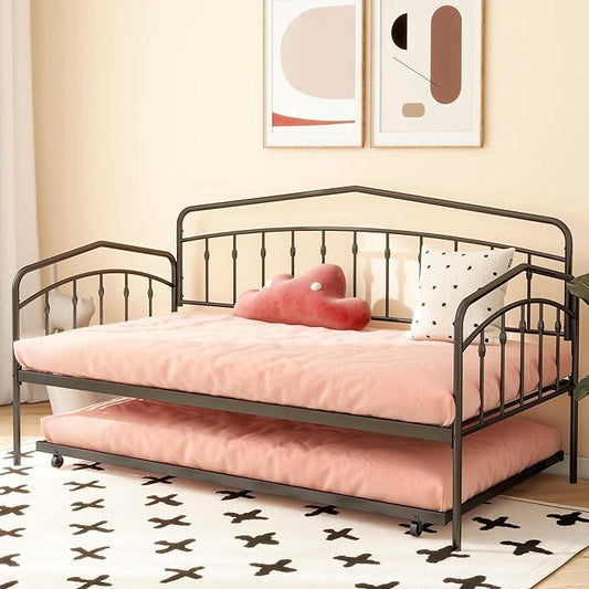 Christopher Knight Home Fox Twin Daybed with Trundle, Metal Sofa Bed Set, Rollaway Daybed Couch Bed Frame for Bedroom Living Room Guest Room, Elegant and Simple Style, Anti-Noise, Easy Assembly, Black