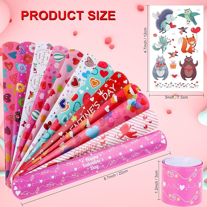 12 Valentines Slap Bracelets Wristbands, 12 Kids Temporary Tattoos Sheet, Heart Donut Monster Friendship,Valentine’s Day Party Favors Supplies, Valentines Gift Classroom Prizes Exchanging