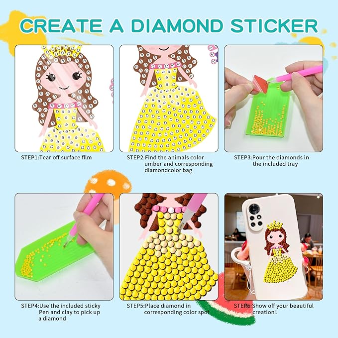 Junrife Princess Diamond Craft Kits Stickers for Kids,Gem Kids' Paint by Number Kits Mosaic Sticker - Best Gifts for Girls Ages 8-12 Easy for Kids Adult Beginners