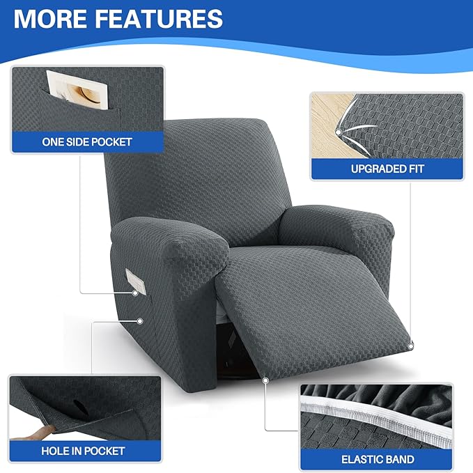 MAXIJIN Recliner Cover Slipcovers for Living Room 4 Pieces Stretch Jacquard Recliner Chair Cover Soft Fitted Recliner Protector with Elastic Bottom for Kids, Pets (Recliner, Dark Gray)