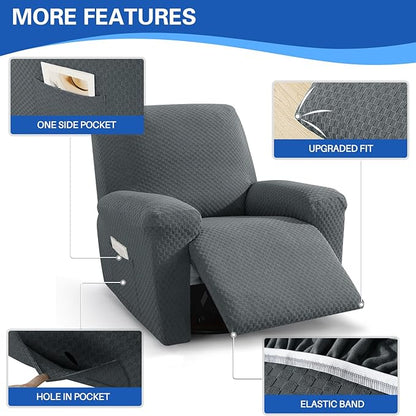 MAXIJIN Recliner Cover Slipcovers for Living Room 4 Pieces Stretch Jacquard Recliner Chair Cover Soft Fitted Recliner Protector with Elastic Bottom for Kids, Pets (Recliner, Dark Gray)
