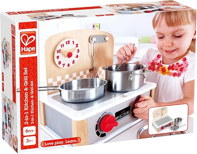 Hape Wooden 2-in-2 Kitchen & Grill Set| Pretend Realistic Role Play Kitchen Toys for Kids