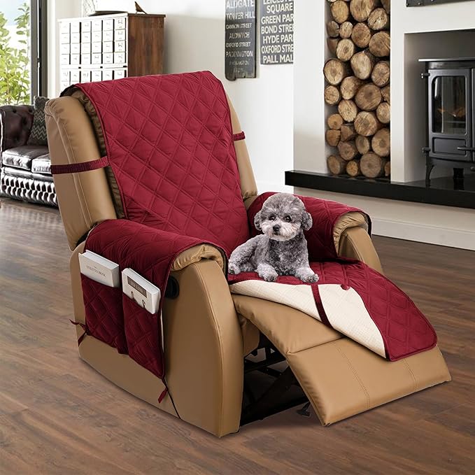 TOMORO Non-Slip Oversized Recliner Cover, 100% Waterproof Quilted Recliner Chair Slipcover Furniture Protector with Pockets, Washable Couch Cover with Elastic Straps for Kids and Pets