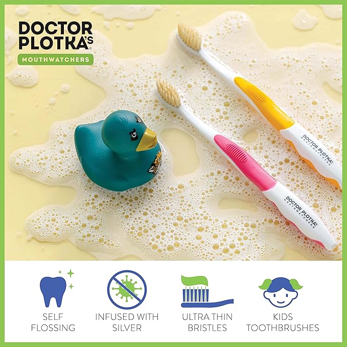 MOUTHWATCHERS Soft Kids Toothbrushes, 4 Pack, Manual Flossing Toothbrush, Ultra Clean, Pink Childrens Toothbrushes, by Dr. Plotka's