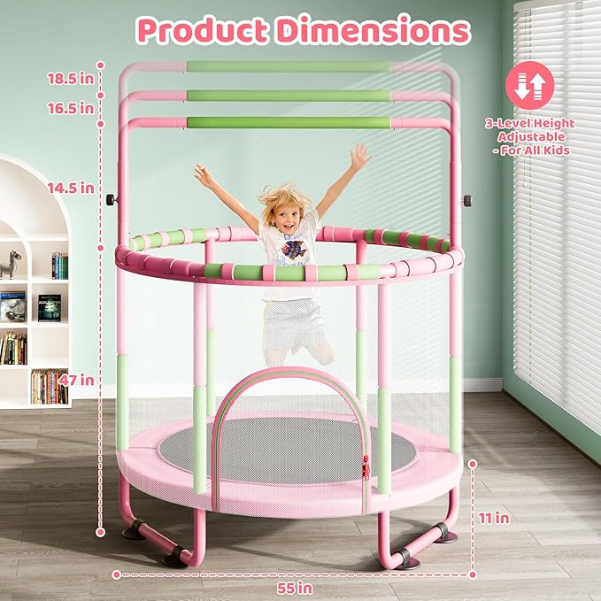Yohood 55" Trampoline for Kids with Enclosure, 6-in-1 Toddler Trampoline Indoor Outdoor, Upgrade Full Anti-Rust Tube with Adjustable Gymnastics Bars for Boys Girls
