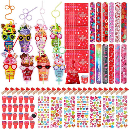 Atonofun 168 Pcs Valentines Day Gifts for Kids, Valentines Day Cards Crazy Straws Bulk Stickers Stampers Slap Bracelets Classroom Prize School Exchange Boys Girls Valentine's Day Party Favors