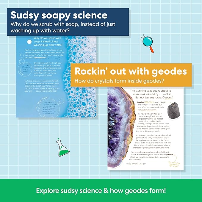 KiwiCo Crystal Geode Soapmaking Kit | Complete Set Includes Beaker, Clear Soap, Molds, Mixing Sticks, Mica Powder, Liquid Colors & More | DIY Soap Making Kit for Kids Ages 7+