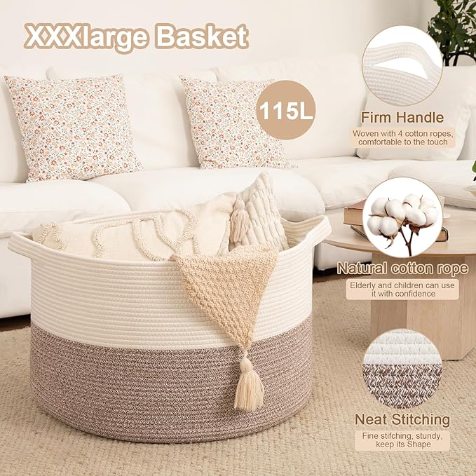 OIAHOMY 115L Extra Large Blanket Basket, 23.6" x 15.4" Woven Cotton Rope Laundry Basket for Organizing Pillows, Decorative Stuffed Animal Toy Storage Bin for Nursery, White and Linen Brown