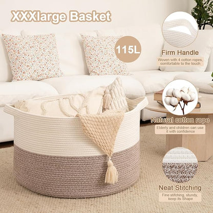 OIAHOMY 115L Extra Large Blanket Basket, 23.6" x 15.4" Woven Cotton Rope Laundry Basket for Organizing Pillows, Decorative Stuffed Animal Toy Storage Bin for Nursery, White and Linen Brown