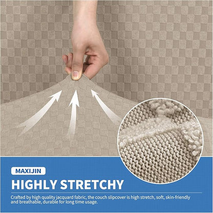 MAXIJIN 2 Piece Jacquard Chair Covers with Arms Super Stretch Non Slip Chair Slipcover for Living Room Dogs Pet Friendly Elastic Sofa Couch Protector Armchair Cover (Chair, Khaki)