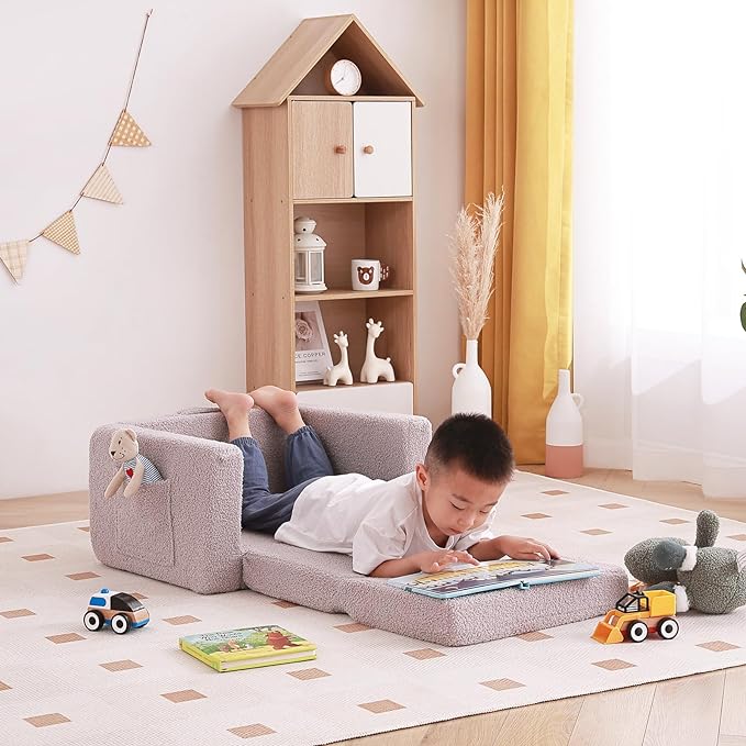 Tiita Kids Sofa, 2-in-1 Kids Sofa Chair, Convertible Children Couch to Lounger, Flip Out Kids Sofa Chair, Toddler Armrest Chair Bed, Folding Kids Play Sofa for Girl or Boy (Grey)