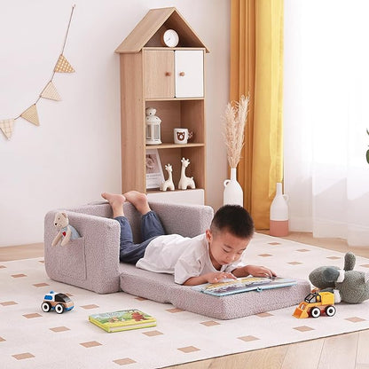 Tiita Kids Sofa, 2-in-1 Kids Sofa Chair, Convertible Children Couch to Lounger, Flip Out Kids Sofa Chair, Toddler Armrest Chair Bed, Folding Kids Play Sofa for Girl or Boy (Grey)