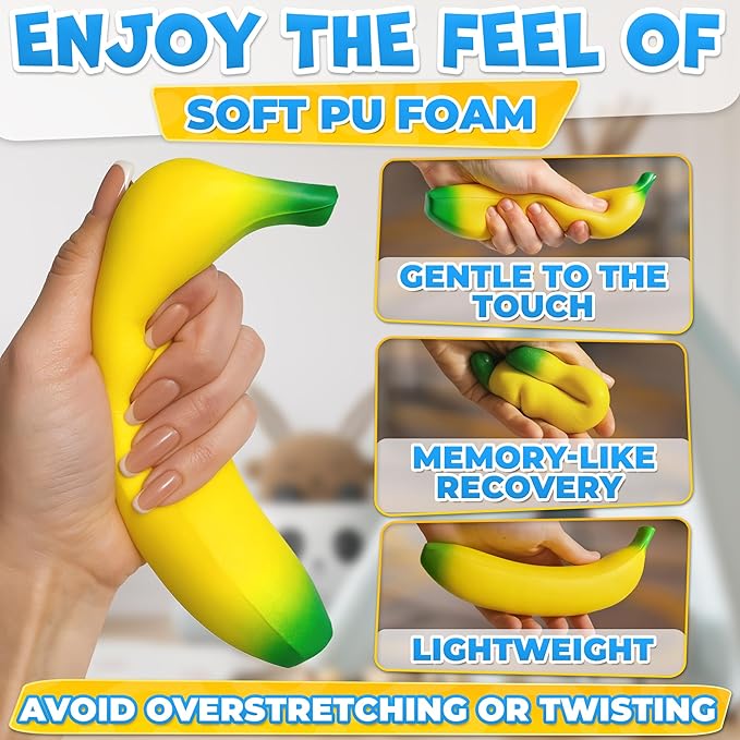 Tesorrio Fake Banana Stress Relief Fidget – 6.7 x 1.4 in Soft PU Foam Desk Accessory | Lightweight Squeeze Fidget for Adults | Novelty Office Decor & Relaxation Tool