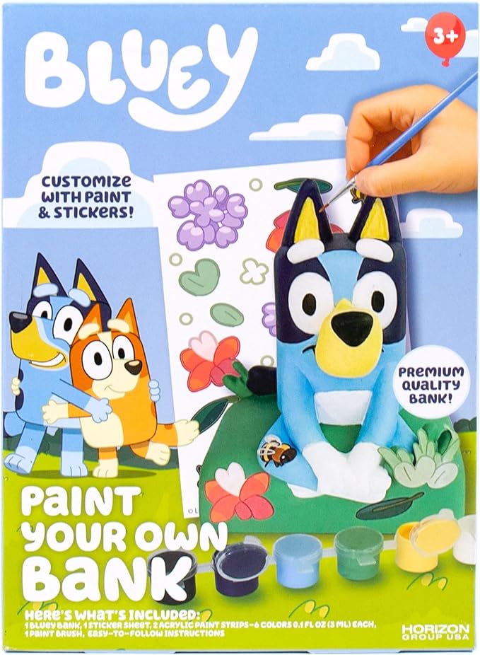 Bluey Paint Your Own Bank, Includes 6 Paints, Stickers, Vinyl Bank, Piggy Bank for Kids, Themed Piggy Bank, Great Gift Birthday Party, Toy Figures, Paintable Bluey Toys, Bluey Toys for Toddlers 1-3