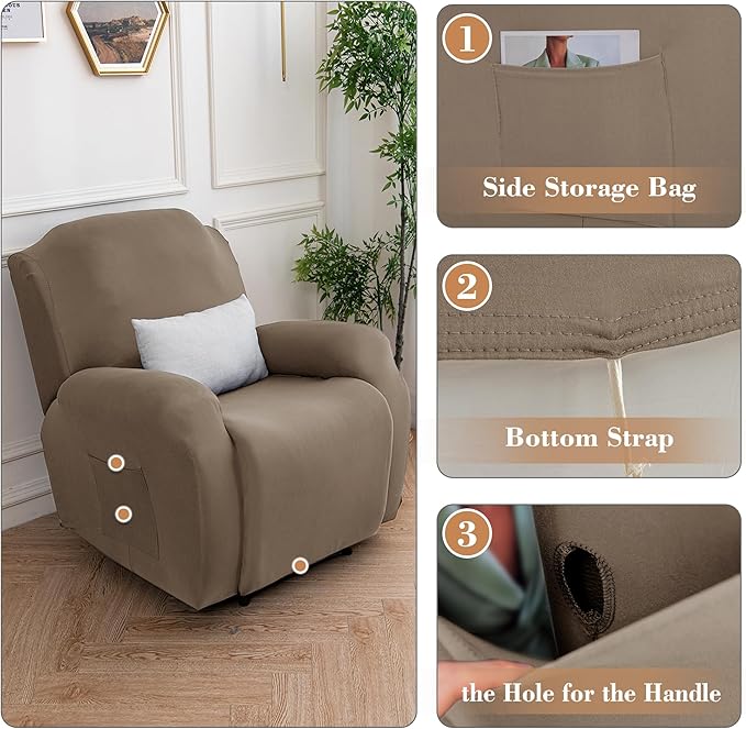 Jin Le 4 Pieces Recliner Cover Stretch Recliner Chair Cover 1 Seater Recliner Couch Covers Sofa Covers Stretch Soft Furniture Protector with Elastic Bottom and Ties for Kids Pet(Recliner, Khaki)