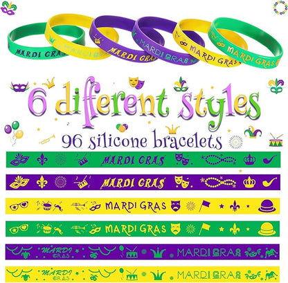 Yinkin 96 Pcs Mardi Gras Party Favors Rubber Bracelets Silicone Mardi Gras Bracelet Mardi Gras Accessories Bulk Stretchable Silicone Wristbands for Carnival Birthday Party Supply Decor Baby Shower
