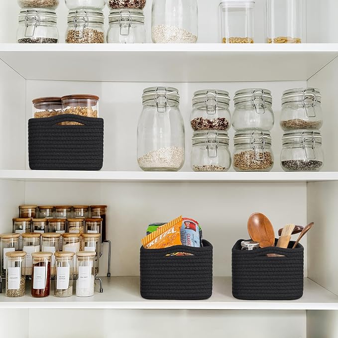 Goodpick Basket for Shelves, Black Baskets for Organizing Gift Basket, Woven Rope Storage for Shelves Closet Organizer Bins for Towels 3 Pack, Black, 11 x 7 x 4.5 in