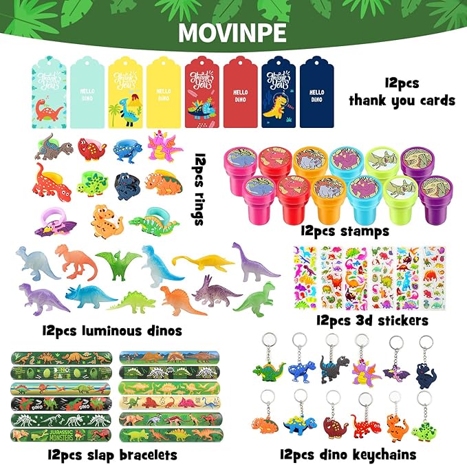 MOVINPE Dinosaur Party Favors 12 Pack 84 pcs Prefilled Goody Bags with Gift Tags, Filled with Dinosaur Themed Stampers Luminous Dinos Figure Slap Bracelets Keychains Rings 3D Stickers for Kids