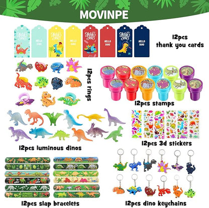 MOVINPE Dinosaur Party Favors 12 Pack 84 pcs Prefilled Goody Bags with Gift Tags, Filled with Dinosaur Themed Stampers Luminous Dinos Figure Slap Bracelets Keychains Rings 3D Stickers for Kids