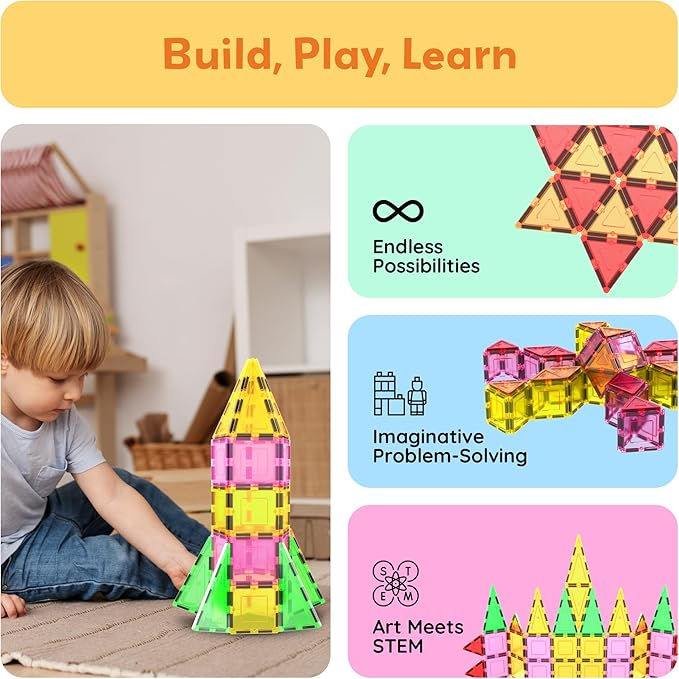 PicassoTiles Magnet Tile Building Block Set Magnetic Construction Square Triangle Tiles Toy Kit Sparking Creativity Geometric Shapes STEM Educational Learning Brain Development Kids Ages 3+ PB12