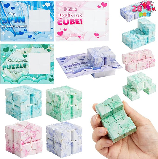 JOYIN 28 PCS Valentine's Day Gift Cards with Infinity Magic Toys, Relaxing Hand-Held Fidget Toys for Kids, Valentine's Day Gifts, Valentine Party Favors Toys Classroom Exchange and Goodie Bag Stuffers