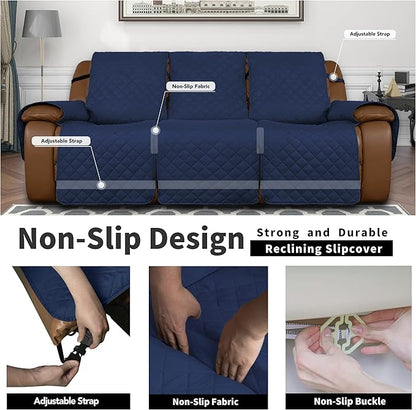 Easy-Going Oversized Recliner Sofa Cover, Reversible Couch Cover for 3 Seat Recliner, Split Sofa Cover for Each Seat with Elastic Straps for Kids, Dogs, Pets (3 Seater, Navy/Navy)