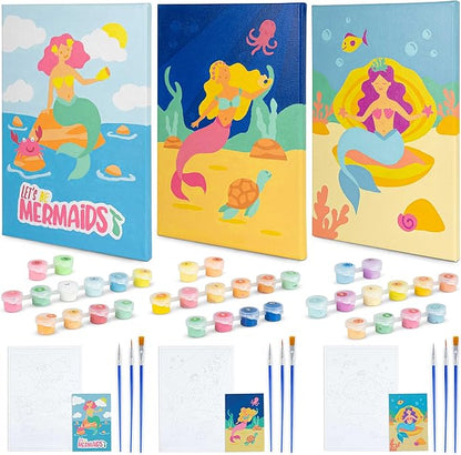 BONNYCO Paint by Numbers Kit for Kids Mermaid Pack 3 Canvas Paint by Number Canvas Framed Mermaid Gifts for Girls Arts and Crafts, Kids Paint by Number Kits, Pre Drawn Canvas for Painting for Kids