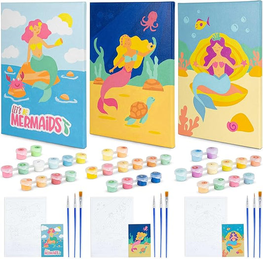BONNYCO Paint by Numbers Kit for Kids Mermaid Pack 3 Canvas Paint by Number Canvas Framed Mermaid Gifts for Girls Arts and Crafts, Kids Paint by Number Kits, Pre Drawn Canvas for Painting for Kids