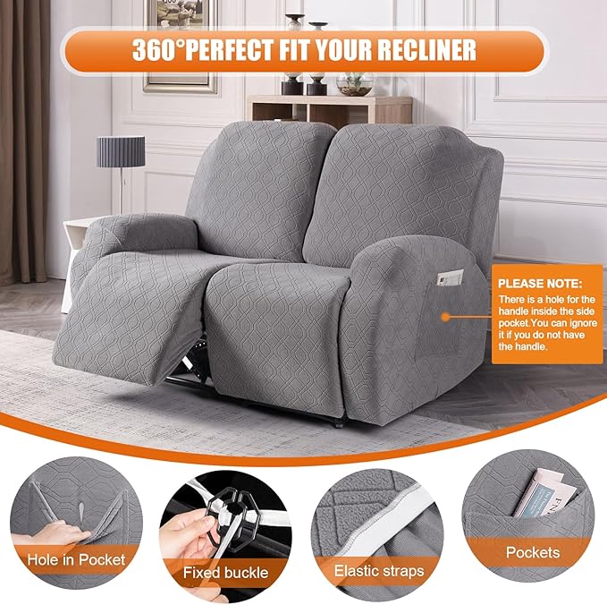 VANSOFY Oversized Recliner Cover, 2-Pieces Stretch Reclining Couch Cover with Pockets Loveseat Sofa Slipcovers Soft Washable Furniture Protector for Dogs Cats(Light Gray)