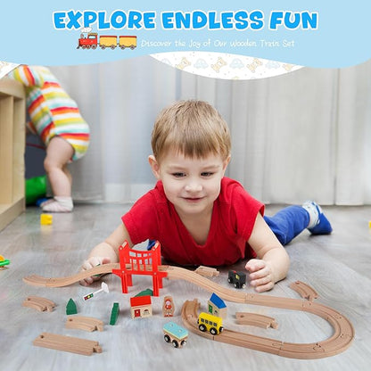 39 Pcs Wooden Train Tracks Set for Toddler, Wooden Toy with Magnetic Trains, Railway Set Christmas Toys, Compatible with All Major Brands for Girls & Boys 3-7 Years Old