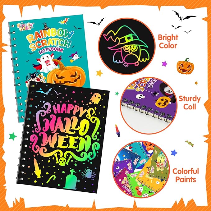 Halloween Scratch Art Party Favors: 16 Pack Rainbow Scratch Notebook Paper Party Favors for Kids Halloween Goodie Bags Stuffers Girls Boys Art Craft Birthday Gifts for Students Classroom Crafts