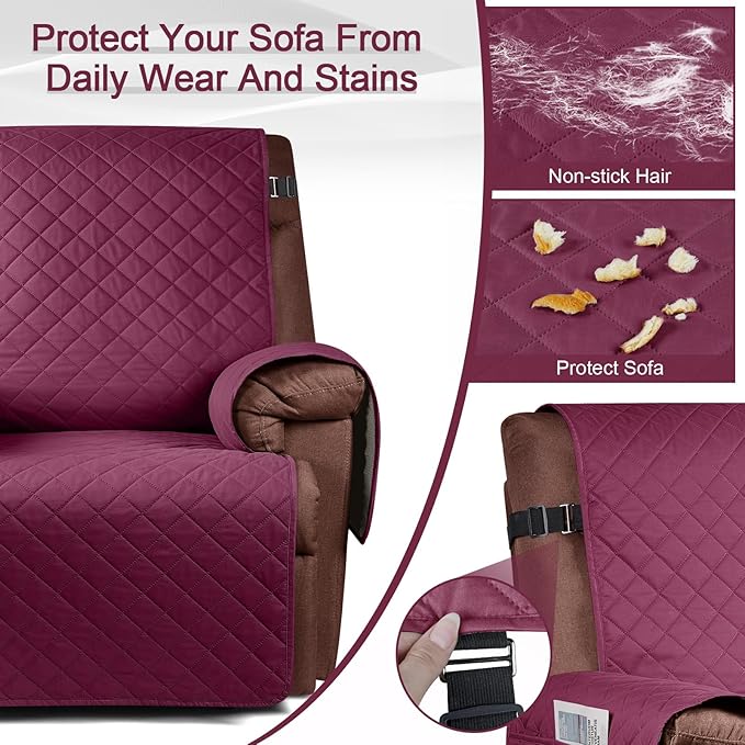 KinCam 100% Waterproof Recliner Chair Cover, Reclining Couch Covers for Pets, Dogs, Recliner Couch Slipcover Furniture Protector with Elastic Straps for Kids(23.6", Burgundy)