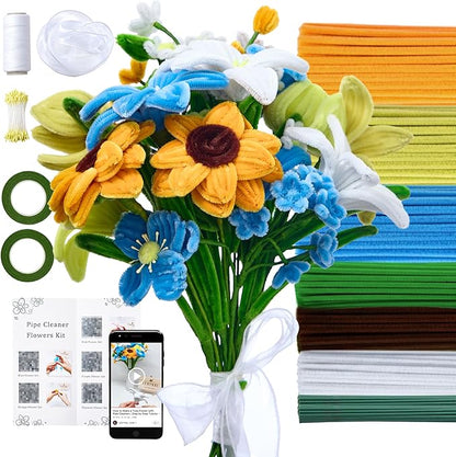 LENYNAL 500 Pcs Pastel Pipe Cleaners Craft Bulk, Orange Pipe Cleaner Flower Kit, Glue-Free & Safe for Kids, Step-by-Step Tutorial, 6 Colors Chenille Stems for Flower Making