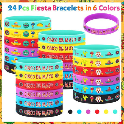Xinnun 24 Pcs Mexican Fiesta Rubber Bracelets Fiesta Party Silicone Wristbands Mexican Party Favors with Taco Cactus Piñata Pattern for Let's Fiesta Cinco De Mayo Party(Cinco De Mayo)