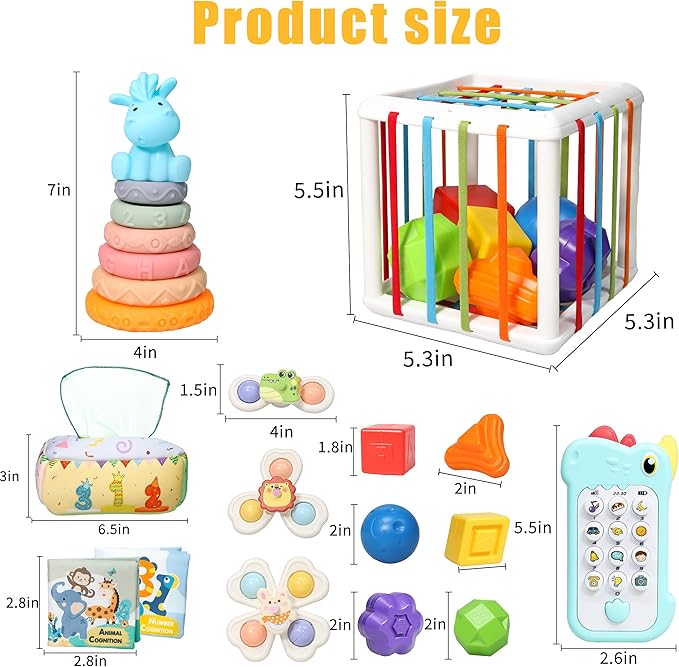 Montessori Baby Toys 6-18 months,Sensory Shapes & Storage Bin,Stacking Toys,Dinosaur Phone,Suction Cup Spinner Toy,Cloth Book,Infant Bath Time Fun,6 in 1 Toddlers Toy Gifts for 1-3 Year Old Boys Girls